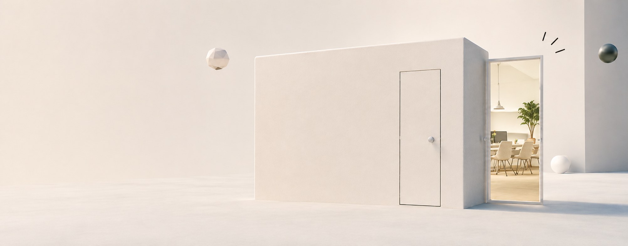 扉のある白い箱の建築オブジェクト。扉の向こうにはオフィスの様子が見える。